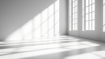 Bright Sunlight in a Minimalist White Room with Large Windows