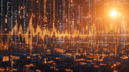 Naklejka premium Create an art piece showcasing a dynamic financial graph blending profit and loss trends with chart elements, Infuse it with radiant exuberant tones and bronze hues, 