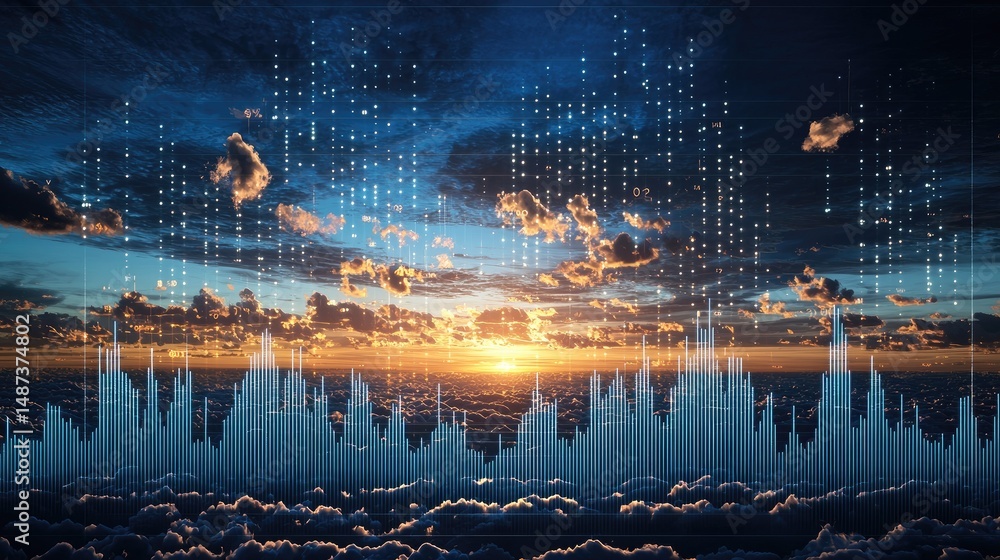 Poster create a dynamic financial chart art piece with a lightwave effect in vibrant sky blue, featuring st