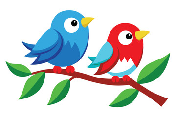 Fototapeta premium Blue and red cartoon birds perching peacefully on a leafy tree branch vector