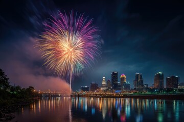 A vibrant fireworks display over a city skyline on the 4th of July
