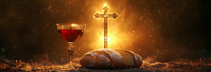 Unleavened Bread With Chalice Of Wine And Cross Light