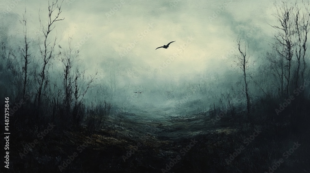 Poster bird flies through a dark forest with bare trees in a misty atmosphere.
