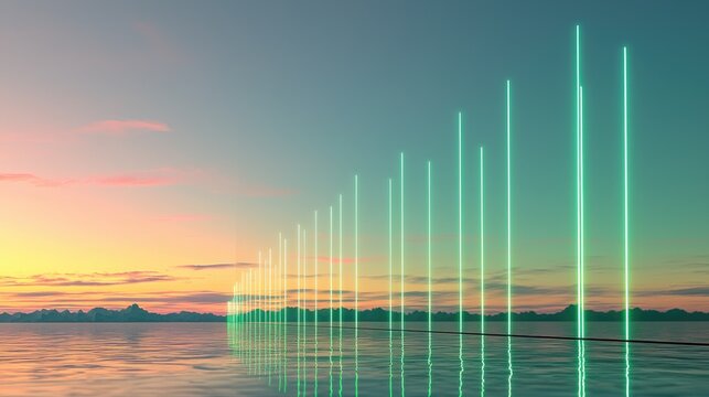 Create a vibrant utopian scene with radiant mint green hues glowing from a mirror reflection, inspired by a financial performance graph showing profitability and loss over time in the form of a chart.