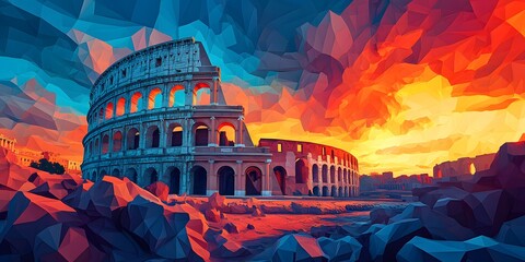 Colorful digital rendering of the coliseum at sunset.