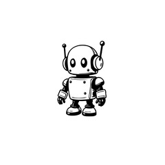 Monochrome illustration showcasing an endearing, vintage-style robot character