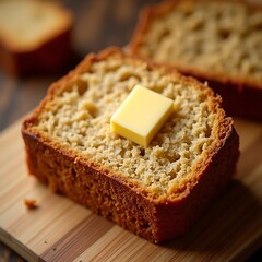 Loaf Bread Slice with Butter on Wood Cutting Board