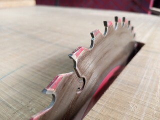 A close-up shot of a circular saw blade with sharp teeth. The blade is positioned against a wooden...