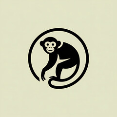 Simple Black Monkey Icon in Circle on Beige Background