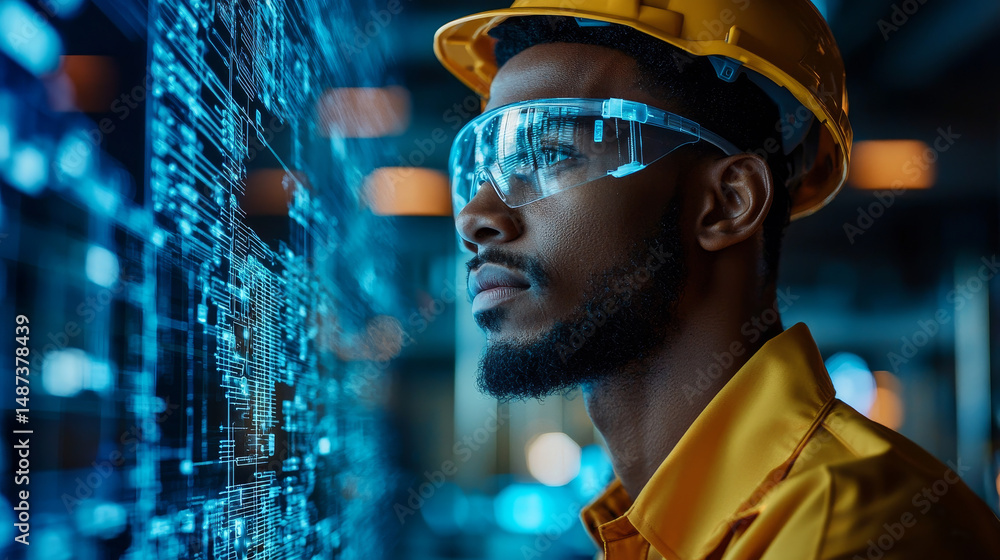 Aufkleber worker in an industrial setting analyzing a digital network display