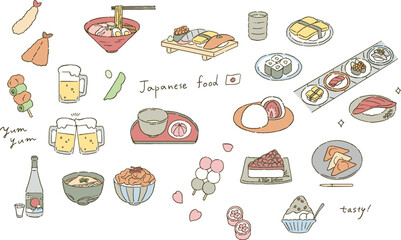 日本の代表的な食べ物と和菓子のイラストレーションセット