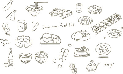 日本の代表的な食べ物と和菓子のイラストレーションセット