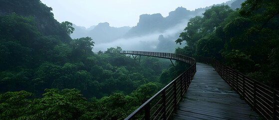 Fototapeta premium Misty Forest Path With Wooden Bridge