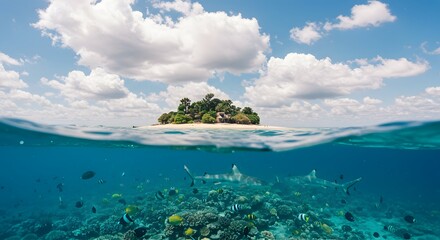 Fototapeta premium Tropical Island Paradise: Unveiling Underwater Wonders with Sharks and Vibrant Coral Reefs