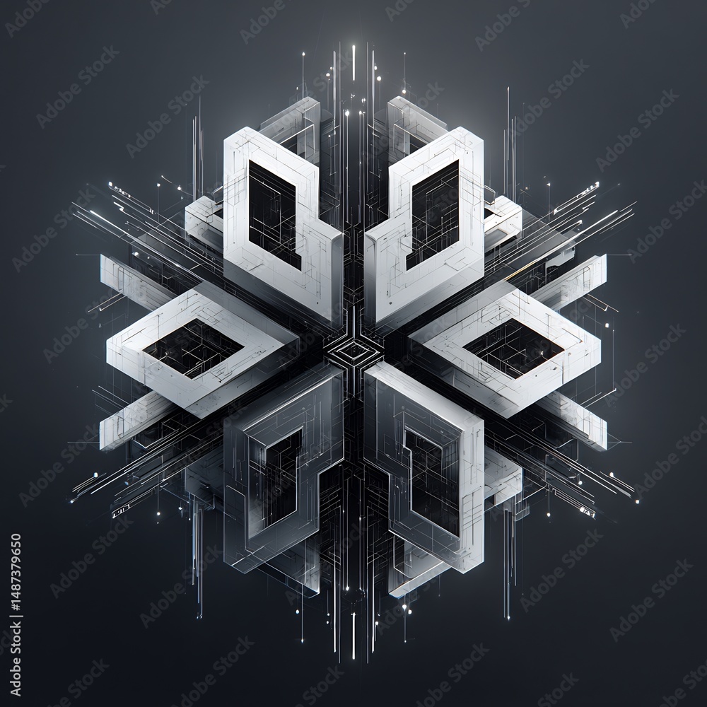 Poster abstract metallic geometrical form, data flow visualization in high technology