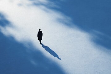 Solitary Figure Walking on a Snow-Covered Plain: A Serene Minimalist Scene