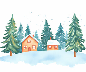 Naklejka premium Winter Wonderland Village Watercolor Painting