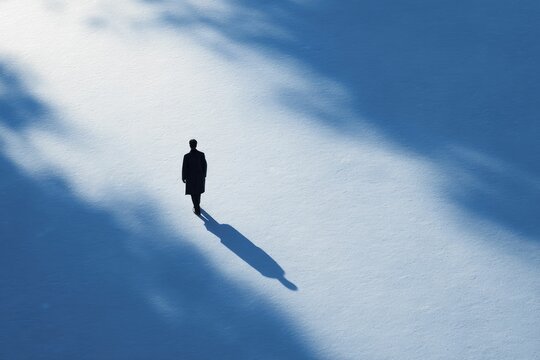 Solitary Figure Walking on a Snow-Covered Plain: A Serene Minimalist Scene