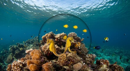 Enchanting Underwater World: Seahorses and Vibrant Coral Reef within a Glass Bubble