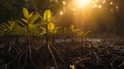 Young mangrove plants with visible roots grow in muddy soil under bright sunlight.