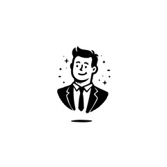 Stylized cartoon businessman portrait with cosmic sparkles around him