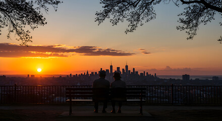 People Enjoying City View at Sunset from Bench