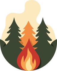 Flat Minimalist Vector Logo of Forest Fire with Pine Trees and Flame in Circular Design – Wildfire Symbol for Environmental Awareness