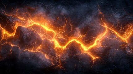 Fototapeta premium Orange lightning shuttles between the dark stone walls