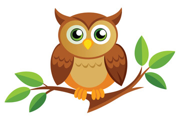 Naklejka premium Cute cartoon owl with green eyes sits peacefully on a leafy branch