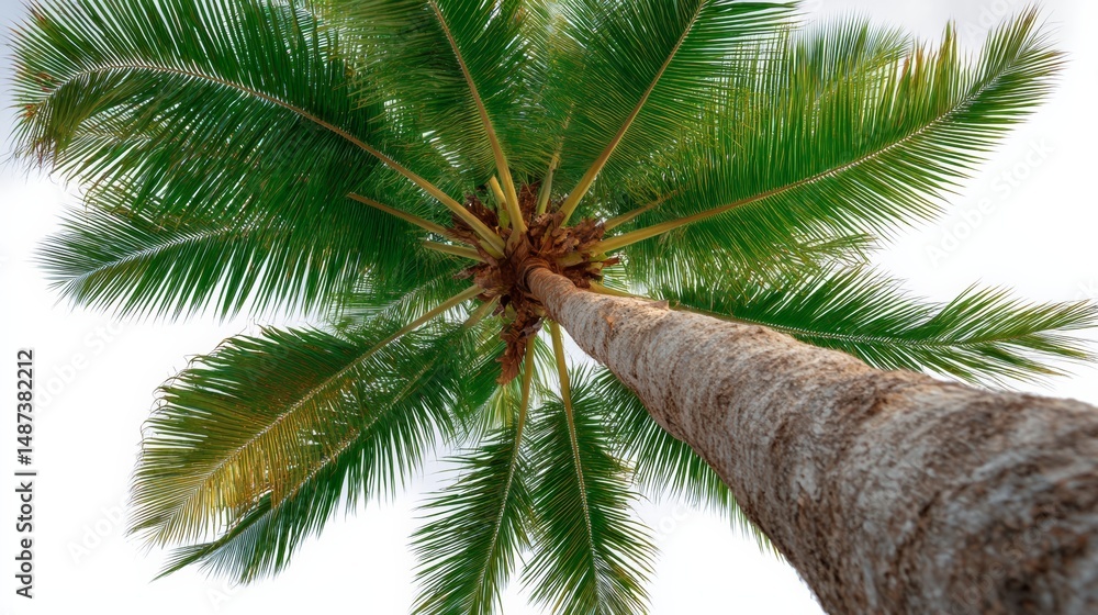 Poster tall palm tree with a trunk that is almost as tall as the tree itself. the tree is surrounded by a c
