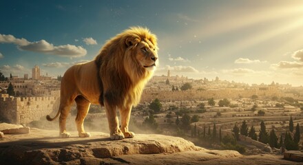 Obraz premium Majestic Lion overlooking Jerusalem at Sunrise