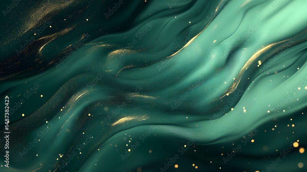 Poster glassy green gradient effect with subtle golden flares and soft particles