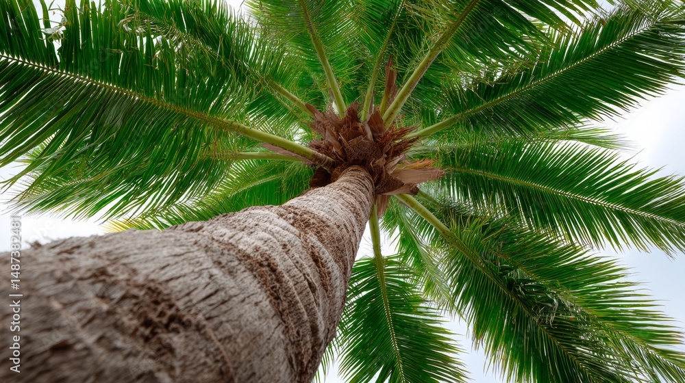 Poster tall palm tree with a trunk that is almost as tall as the tree itself. the tree is green and has a l