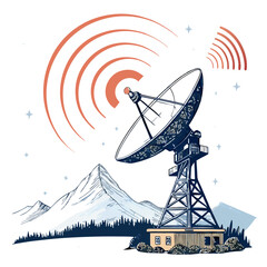 Create a bold, vector illustration of a satellite dish, emphasizing strong, thick outlines.  The dish should be highly detailed and easily scalable.