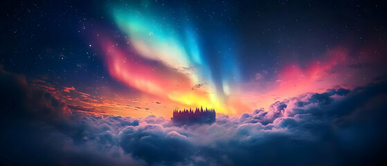 Fototapeta premium Floating City Above Colorful Aurora Night Sky
