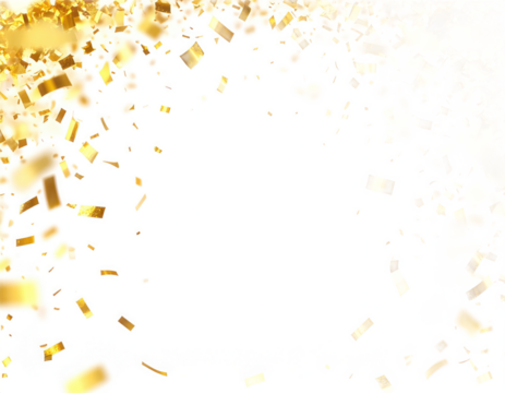 Festive celebration backdrop with golden confetti cascading in a vibrant display against a bright white background