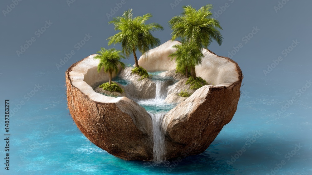 Poster coconut shell with a waterfall inside of it. the shell is surrounded by water and palm trees