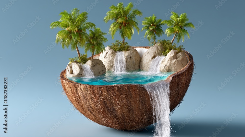 Poster coconut shell with a waterfall inside of it. the shell is surrounded by palm trees and rocks