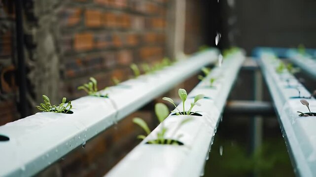 Young Green Plants Growing in a White Hydroponic System with a Brick Wall Background