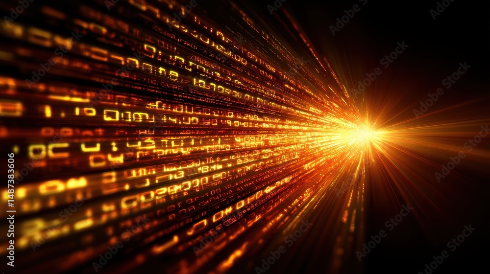 Aufkleber dynamic stream of glowing binary code and light rays illustrating technology concept in dark backgro