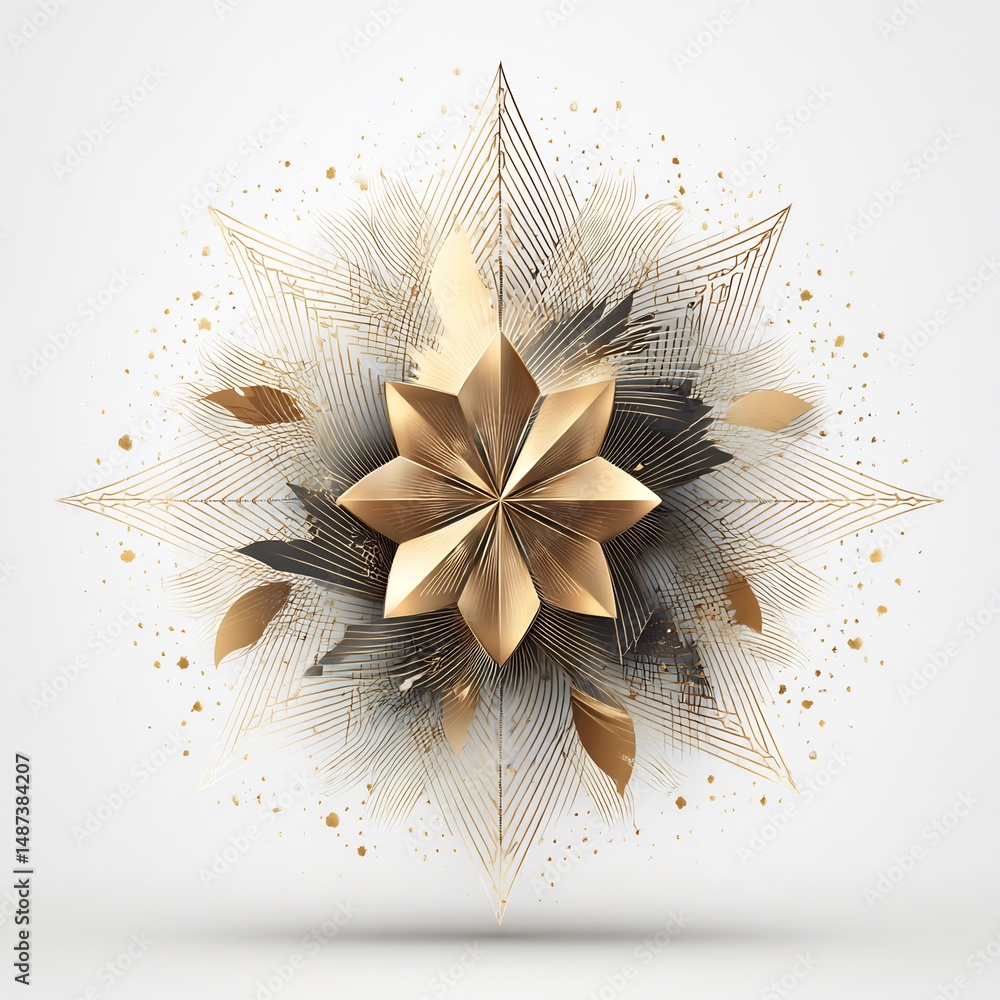 Poster abstract geometrical star with golden line pattern and texture on white background