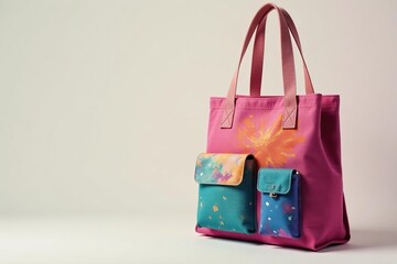 Stylish canvas shopping bag, multiple pockets, colorful design , fabric bag, reusable bag, eco bag