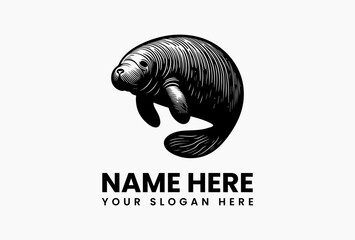 Minimalist black manatee illustration with abstract flowing lines in circular vector logo. Wildlife protection symbol  
