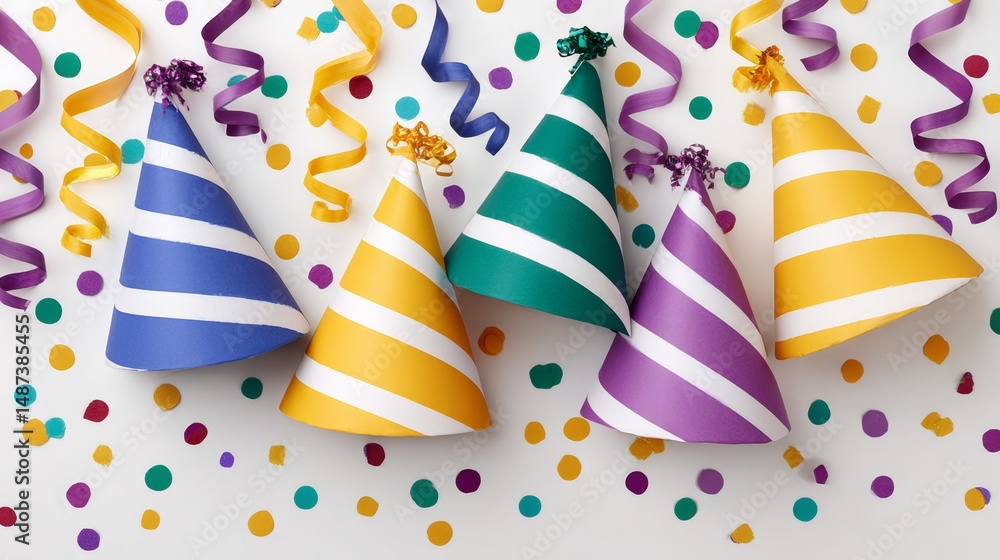 Poster row of colorful party hats are hanging from a string. the hats are in various colors and sizes, and 