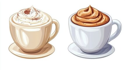 Cappuccino in a porcelain cup with frothy milk foam and sprinkled cocoa on white