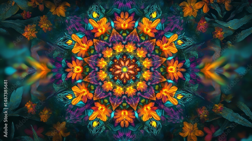 Poster colorful abstract kaleidoscope pattern with floral and geometric elements in a symmetrical design.