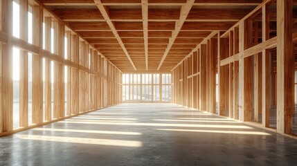 Wooden framework for a modern building construction, bathed in sunlight, interior. It presents architectural concepts, new constructions, and sustainable building.