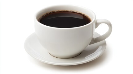 Classic white ceramic coffee cup filled with black coffee centered on a pure white background
