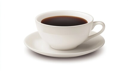 Classic white ceramic coffee cup filled with black coffee centered on a pure white background