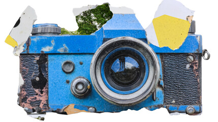 Aged blue camera with flaking paint and landscape view, cut out transparent